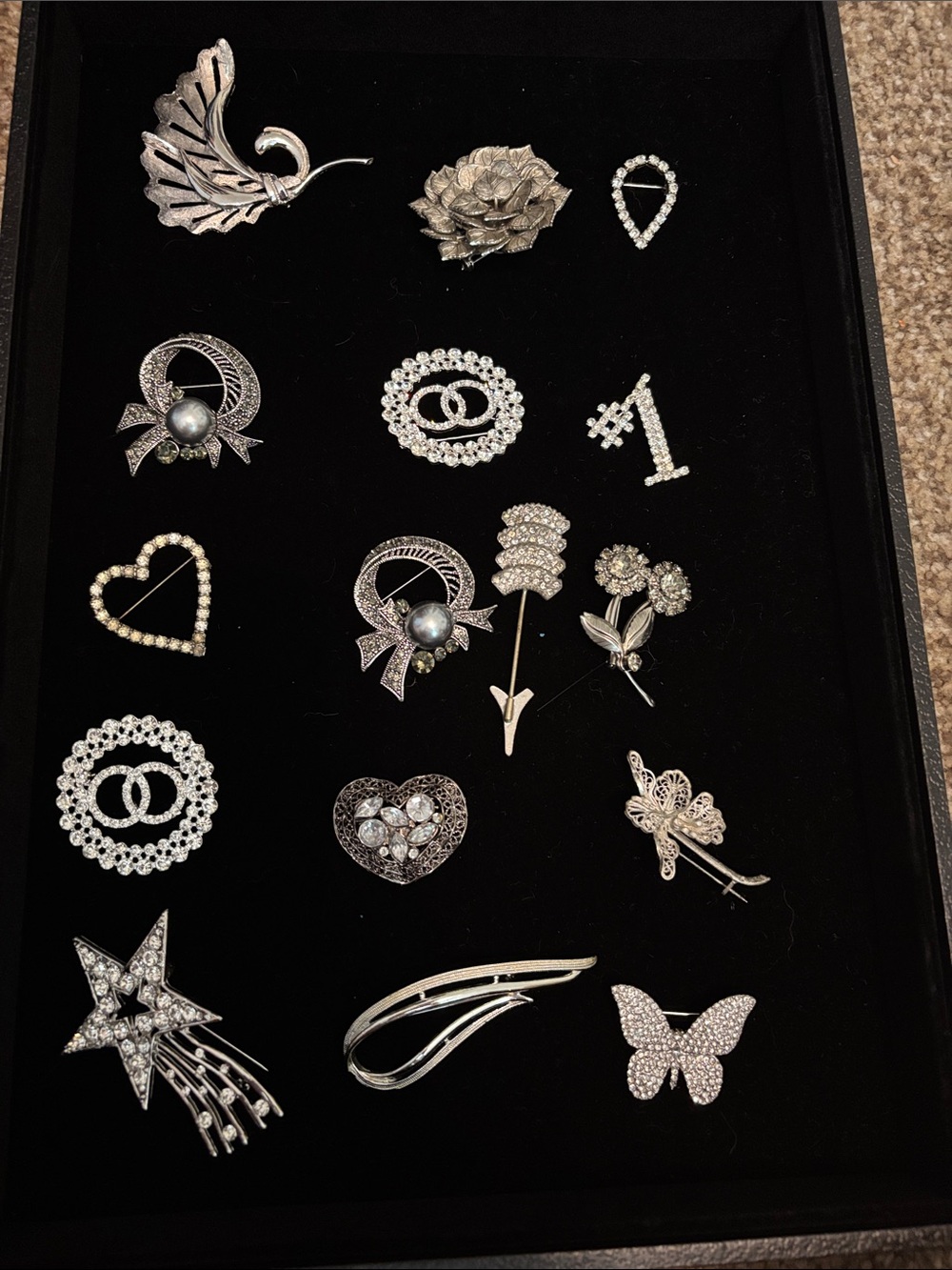 Lot of 16 Silver Crystal Brooch Collection - Sparkling Silver Accent Pins